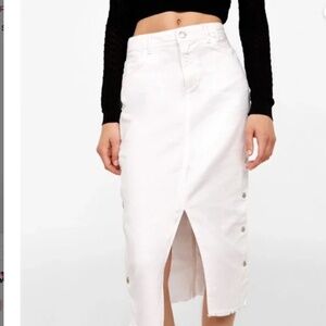 ZARA white high waisted denim midi skirt